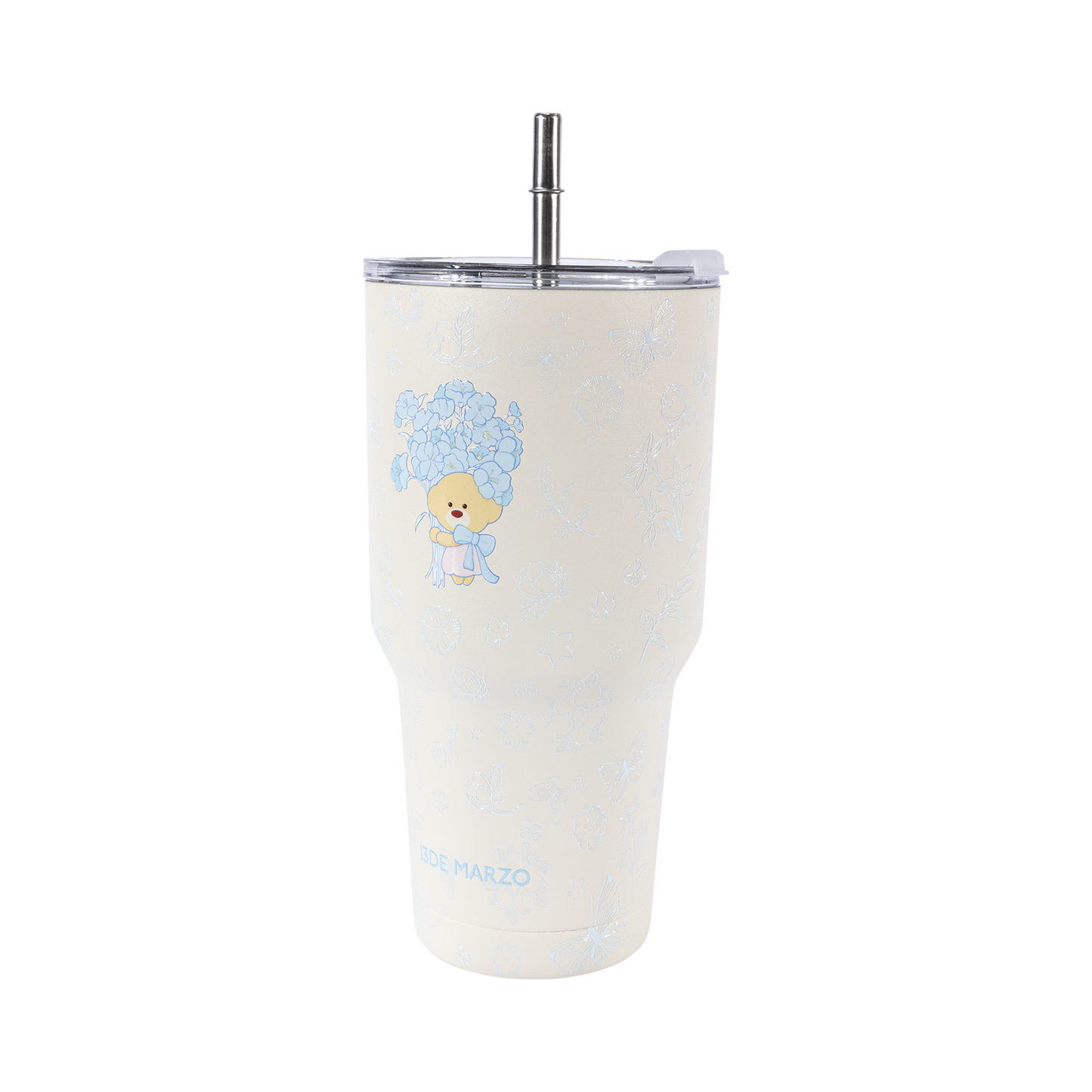 13DE MARZO Embossed Floral Bear Steel Cup White