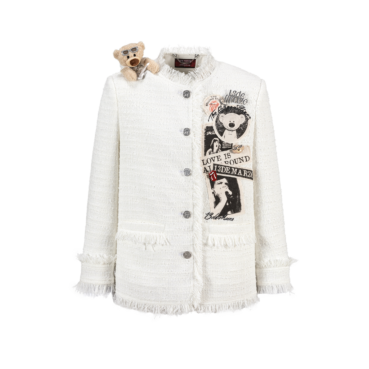 13DE MARZO Rolling Stones Badge Tweed Jacket White