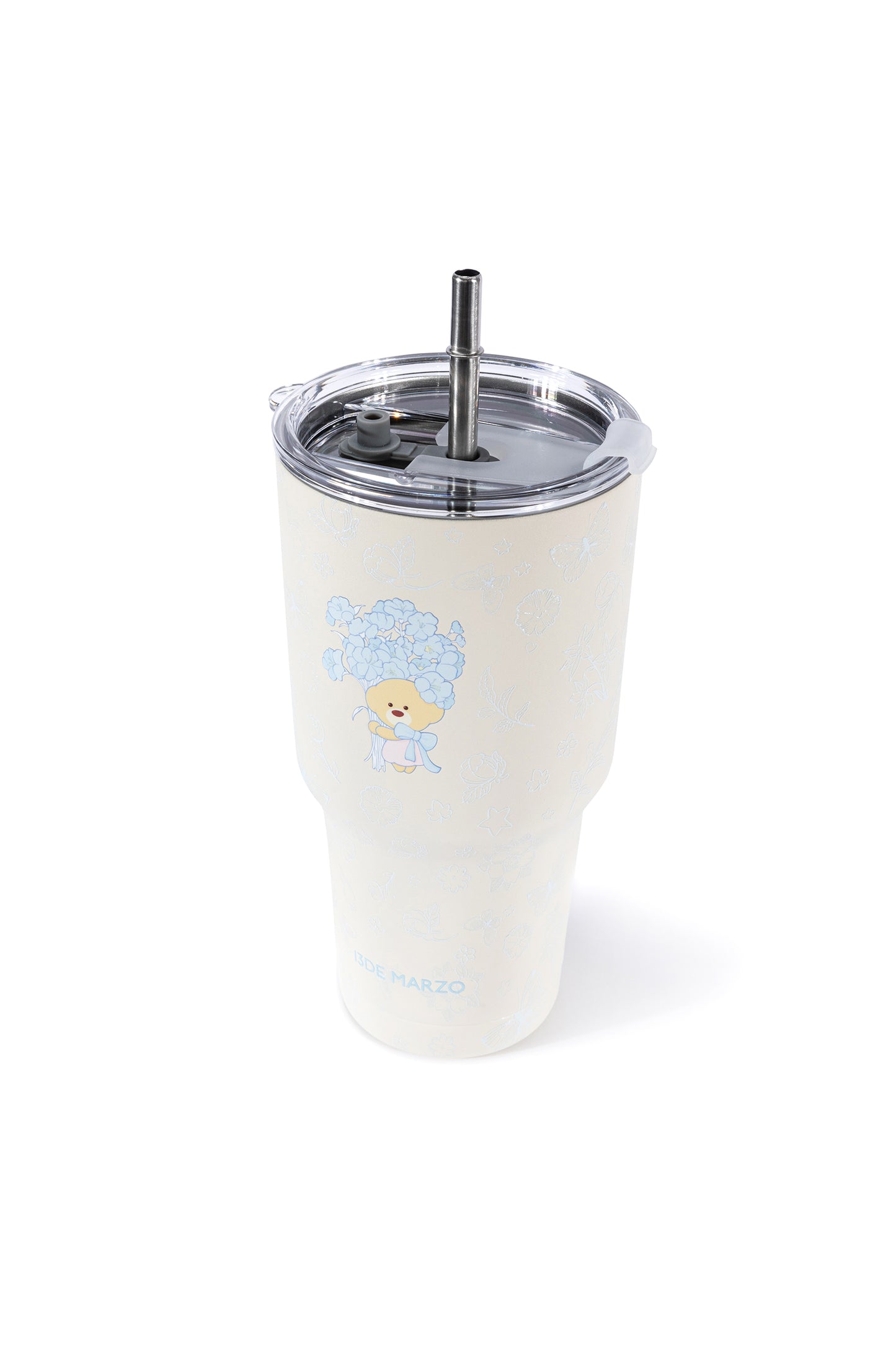 13DE MARZO Embossed Floral Bear Steel Cup White