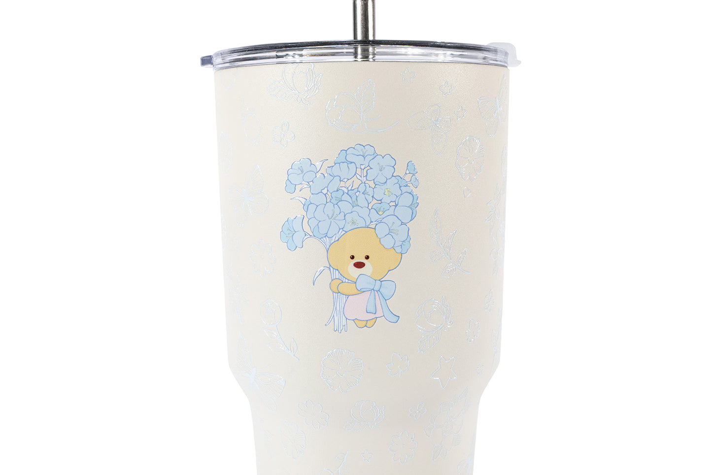 13DE MARZO Embossed Floral Bear Steel Cup White