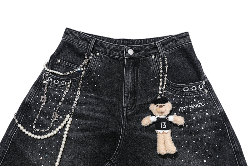 13DE MARZO Faux Rhinestones Pearl Chains Jeans Black