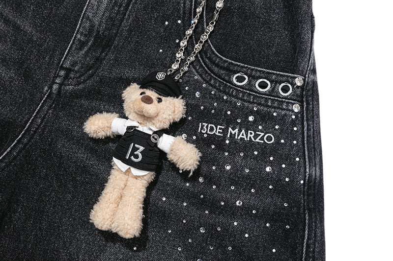 13DE MARZO Faux Rhinestones Pearl Chains Jeans Black