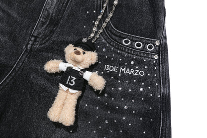 13DE MARZO Faux Rhinestones Pearl Chains Jeans Black