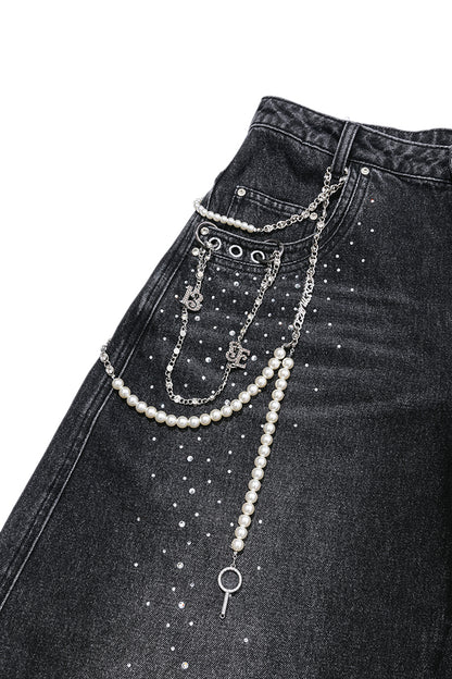 13DE MARZO Faux Rhinestones Pearl Chains Jeans Black