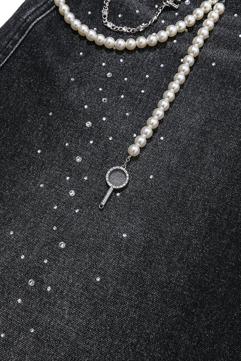 13DE MARZO Faux Rhinestones Pearl Chains Jeans Black