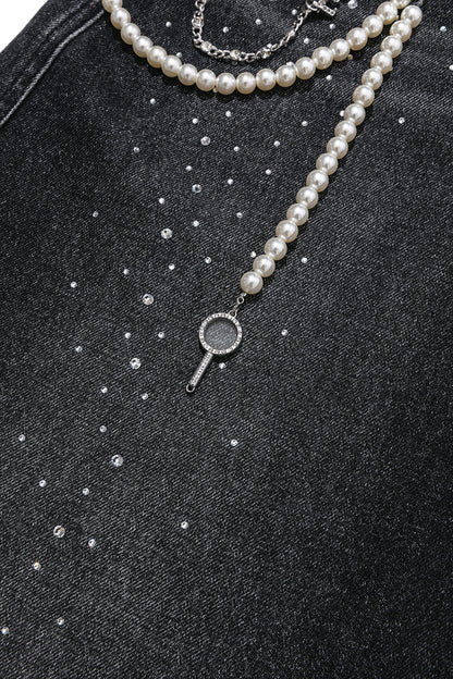 13DE MARZO Faux Rhinestones Pearl Chains Jeans Black
