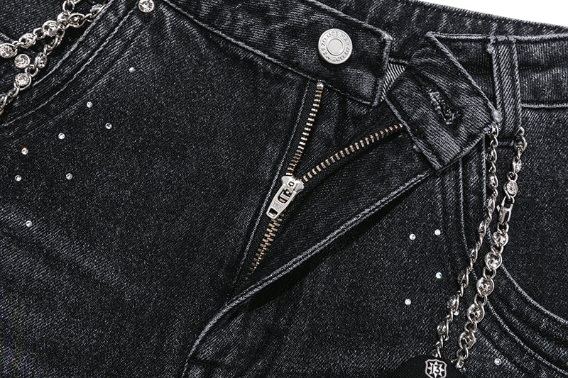 13DE MARZO Faux Rhinestones Pearl Chains Jeans Black
