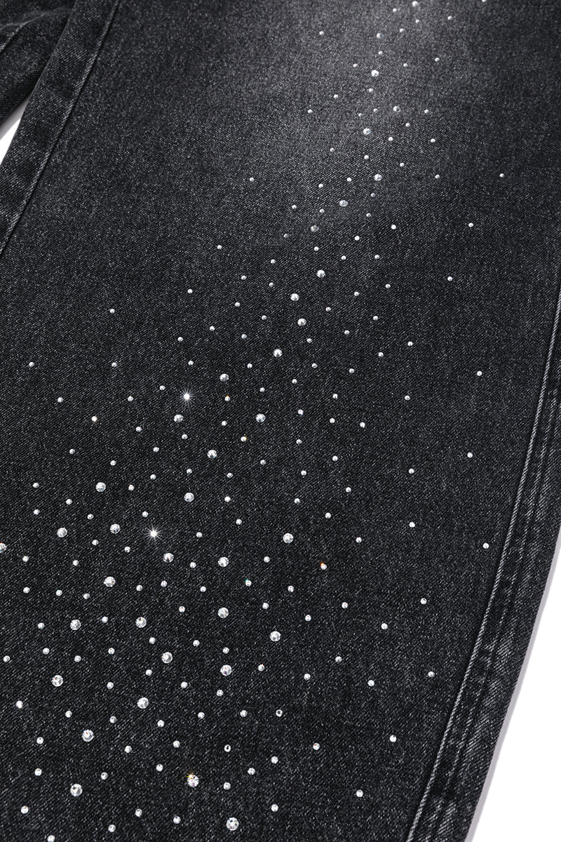 13DE MARZO Faux Rhinestones Pearl Chains Jeans Black