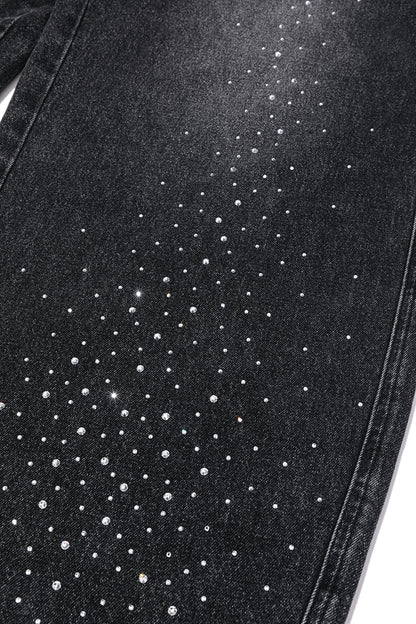 13DE MARZO Faux Rhinestones Pearl Chains Jeans Black