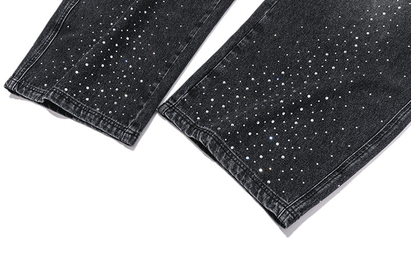 13DE MARZO Faux Rhinestones Pearl Chains Jeans Black