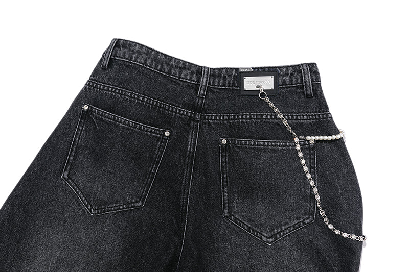 13DE MARZO Faux Rhinestones Pearl Chains Jeans Black