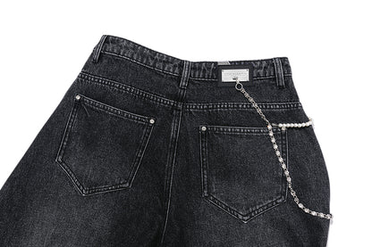 13DE MARZO Faux Rhinestones Pearl Chains Jeans Black