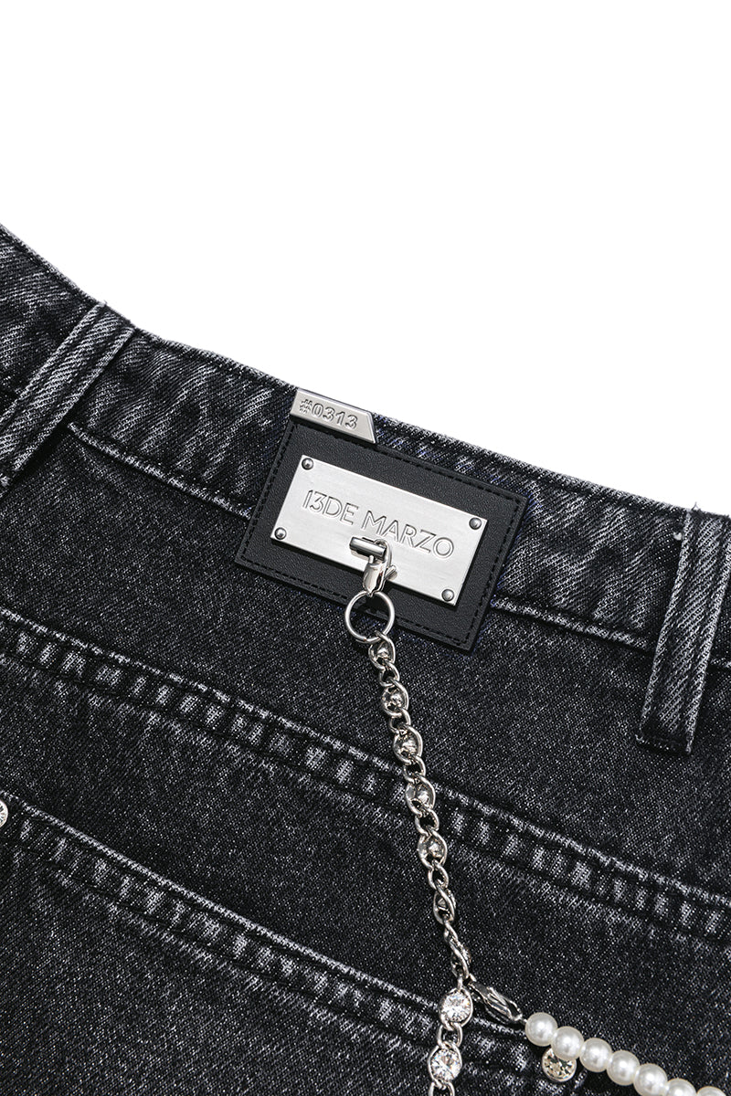 13DE MARZO Faux Rhinestones Pearl Chains Jeans Black