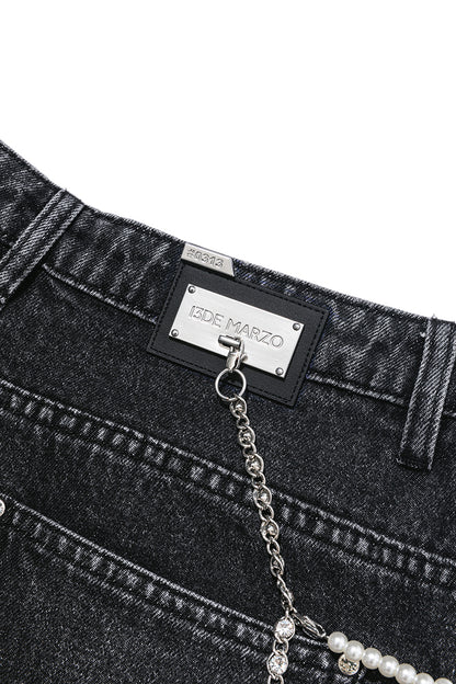 13DE MARZO Faux Rhinestones Pearl Chains Jeans Black