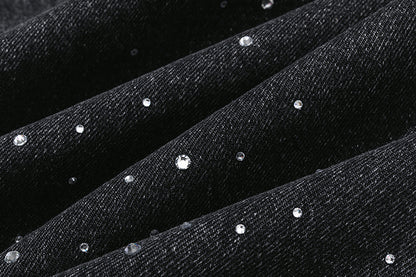 13DE MARZO Faux Rhinestones Pearl Chains Jeans Black