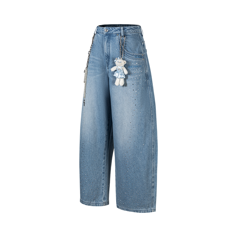 13DE MARZO Faux Rhinestones Pearl Chains Jeans Blue