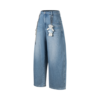 13DE MARZO Faux Rhinestones Pearl Chains Jeans Blue