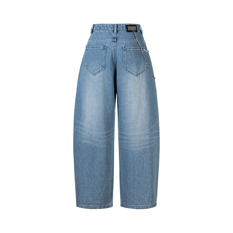 13DE MARZO Faux Rhinestones Pearl Chains Jeans Blue