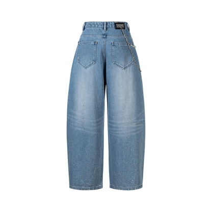 13DE MARZO Faux Rhinestones Pearl Chains Jeans Blue