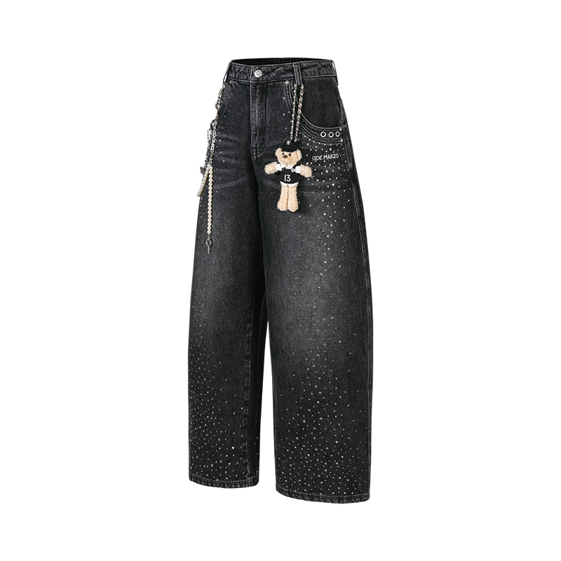 13DE MARZO Faux Rhinestones Pearl Chains Jeans Black