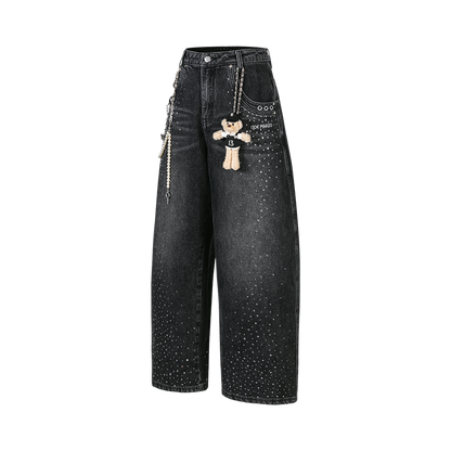 13DE MARZO Faux Rhinestones Pearl Chains Jeans Black