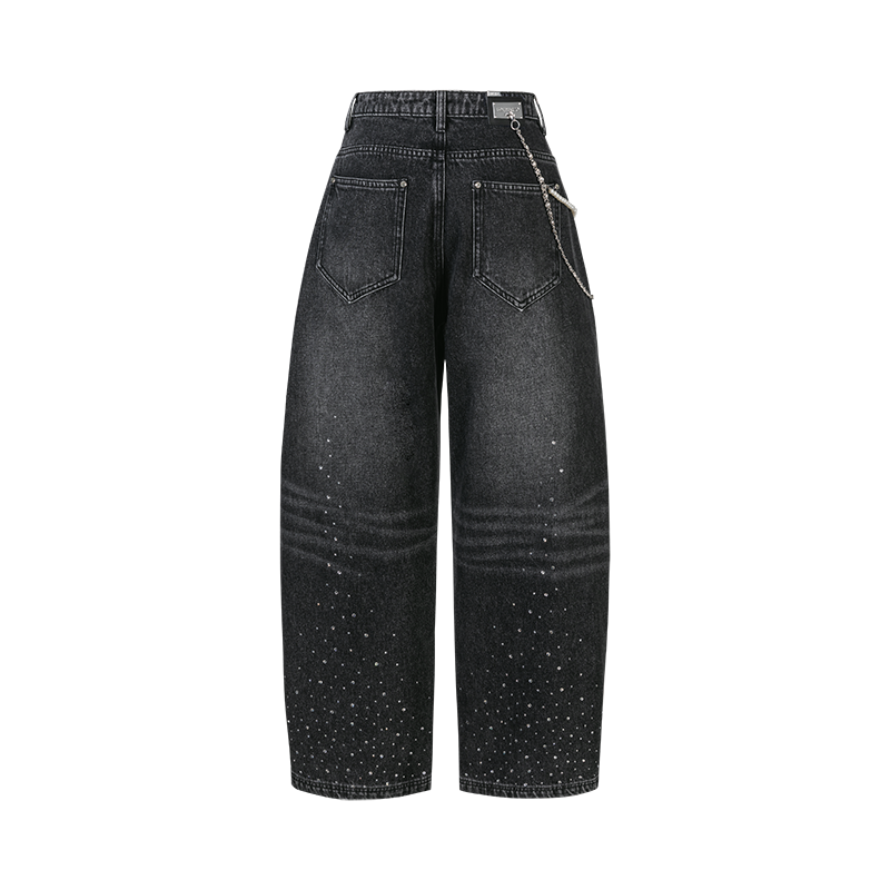 13DE MARZO Faux Rhinestones Pearl Chains Jeans Black