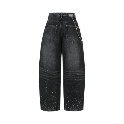 13DE MARZO Faux Rhinestones Pearl Chains Jeans Black