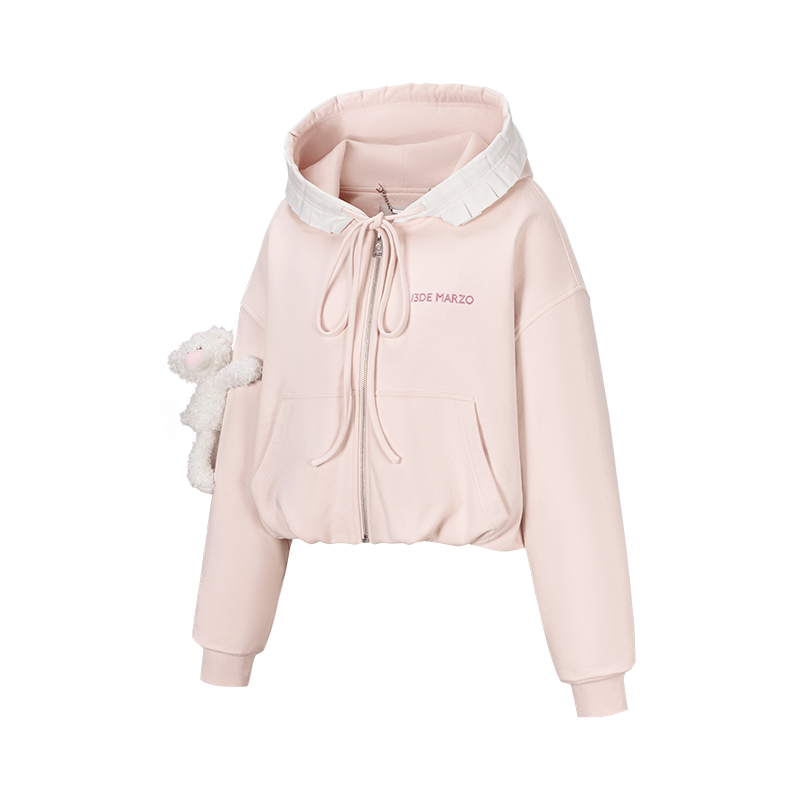 13DE MARZO Lace Edge Zip Hoodie Pink