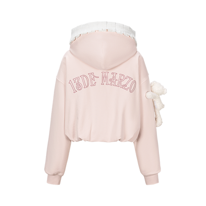 13DE MARZO Lace Edge Zip Hoodie Pink