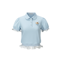 13DE MARZO Smocked Puff Sleeve Polo Style T-shirt