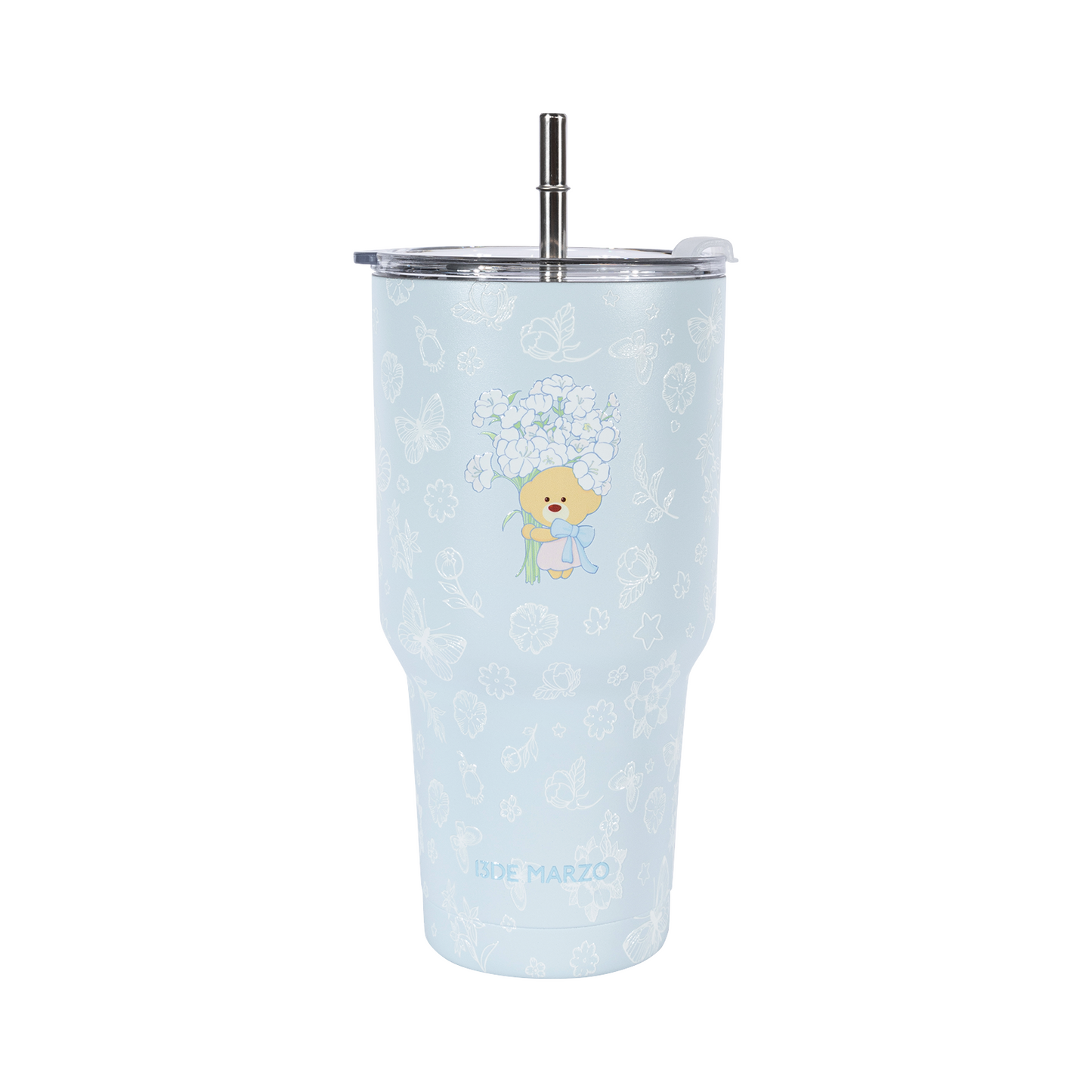 13DE MARZO Embossed Floral Bear Steel Cup Blue