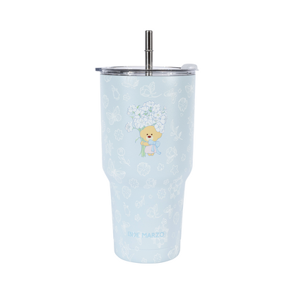 13DE MARZO Embossed Floral Bear Steel Cup Blue