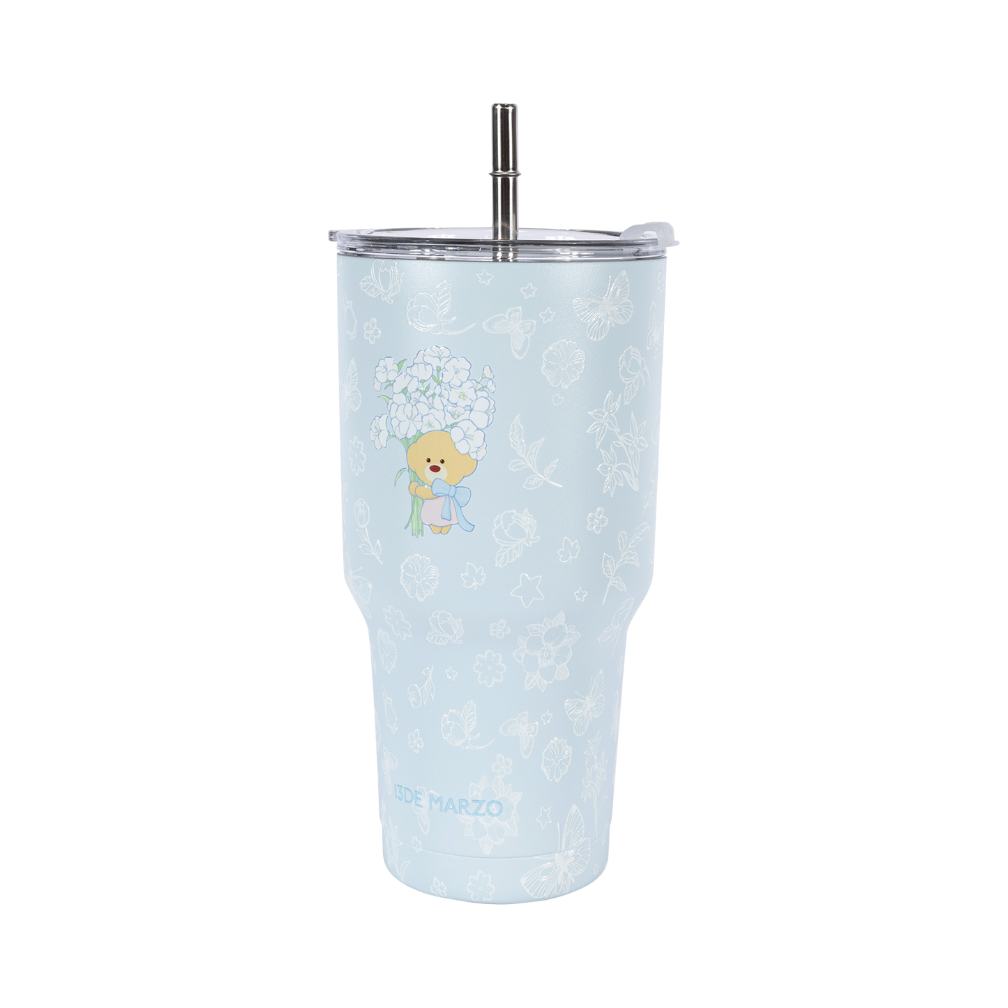 13DE MARZO Embossed Floral Bear Steel Cup Blue