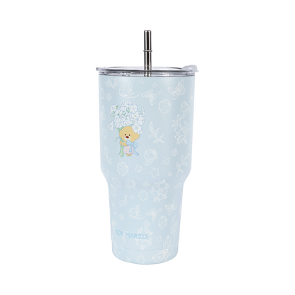 13DE MARZO Embossed Floral Bear Steel Cup Blue