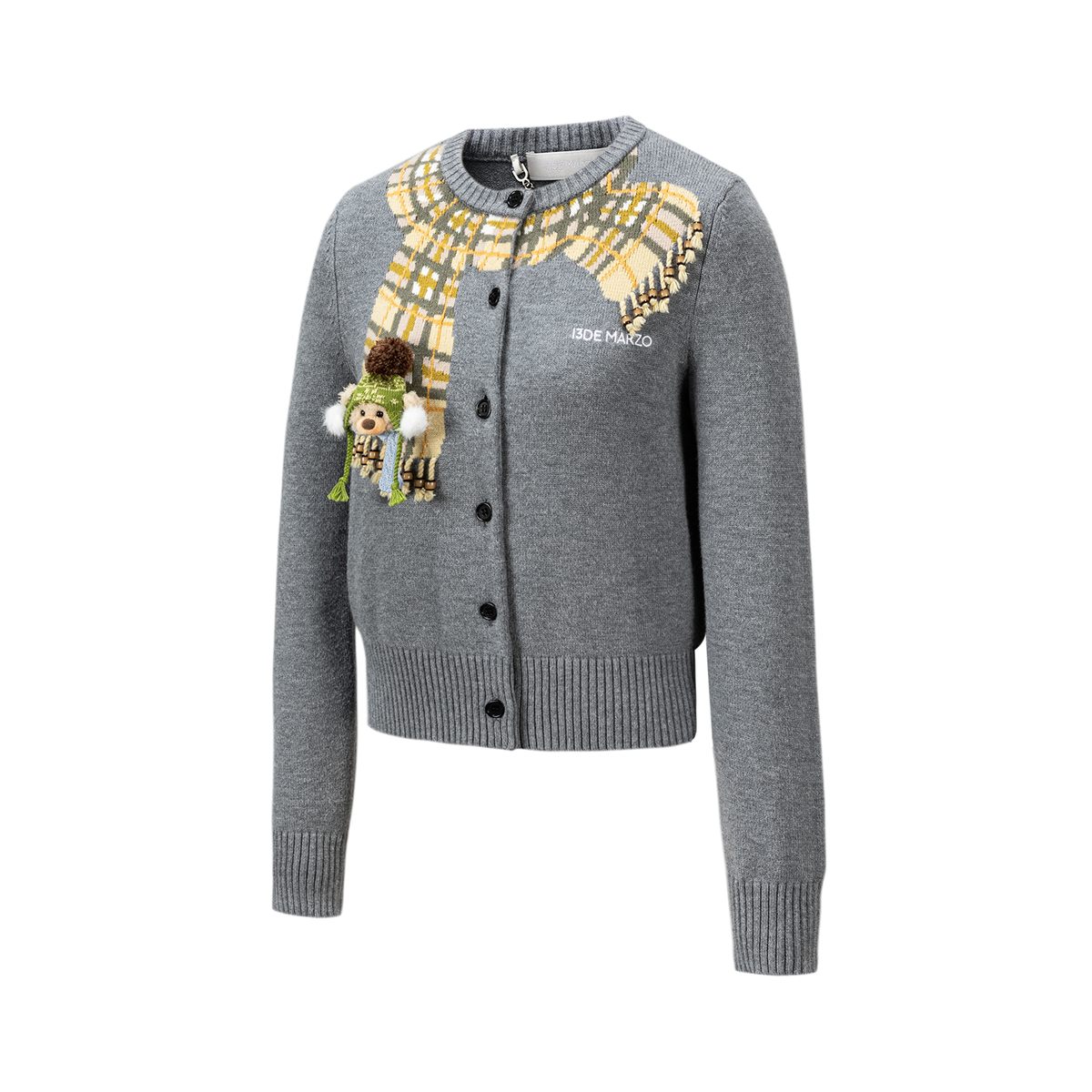 13DE MARZO Snow Bear Scarf  Knit Cardigan Grey