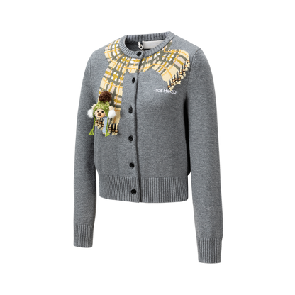13DE MARZO Snow Bear Scarf  Knit Cardigan Grey