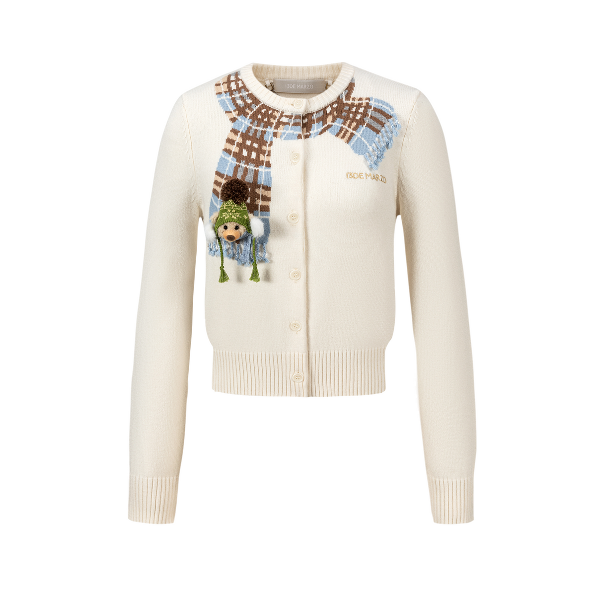 13DE MARZO Snow Bear Scarf  Knit Cardigan Beige