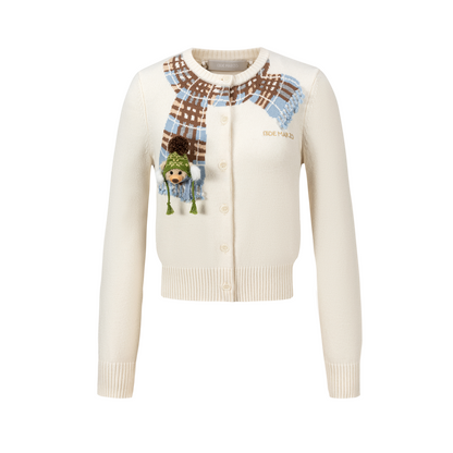 13DE MARZO Snow Bear Scarf  Knit Cardigan Beige
