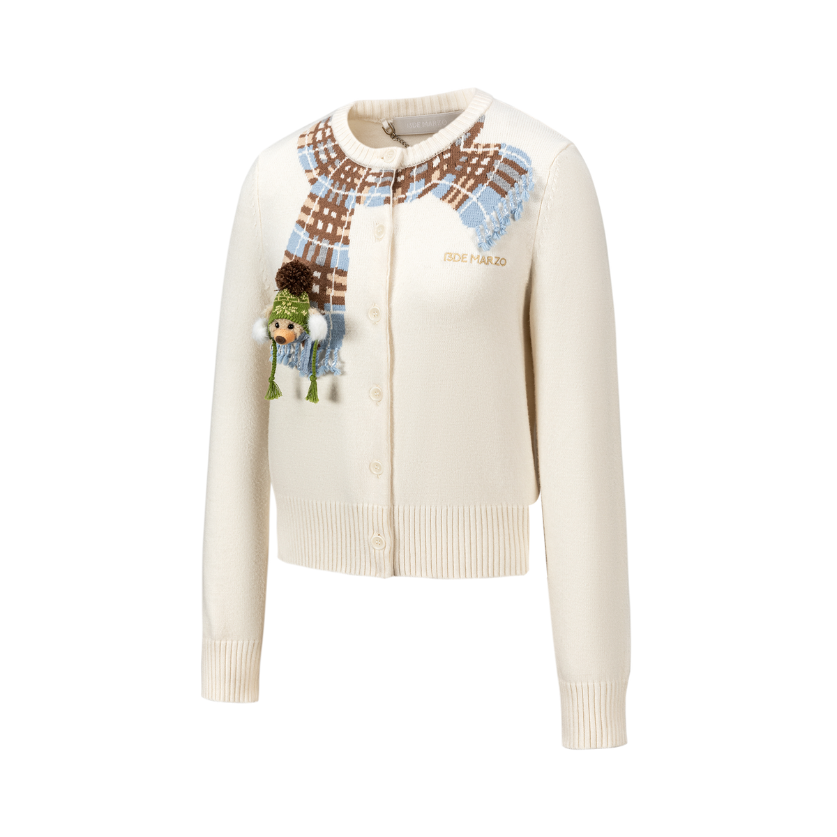 13DE MARZO Snow Bear Scarf  Knit Cardigan Beige