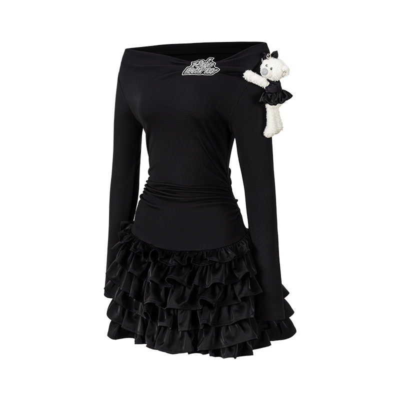 13DE MARZO Off-Shoulder Tiered Dress Black