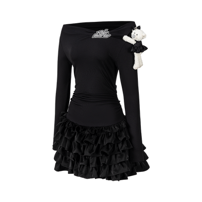13DE MARZO Off-Shoulder Tiered Dress Black