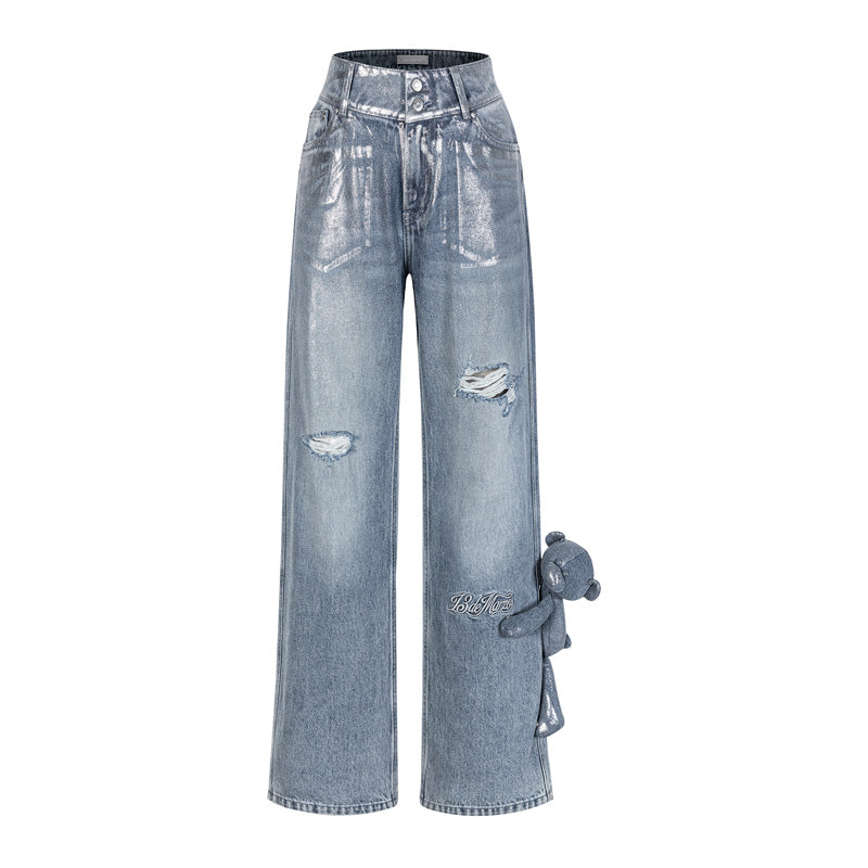 13DE MARZO Silver Foil Denim Pants - 13DE MARZO