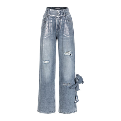 13DE MARZO Silver Foil Denim Pants - 13DE MARZO