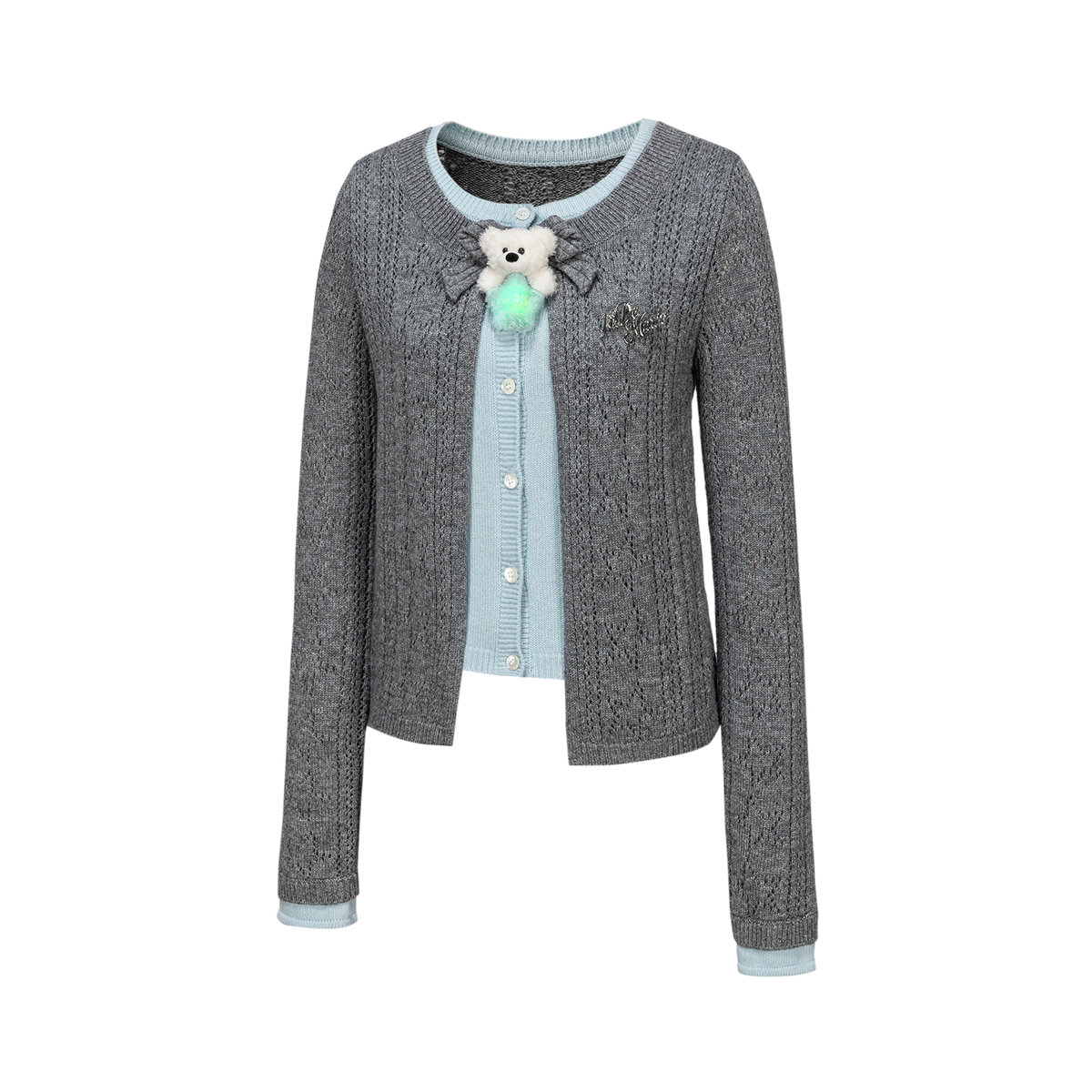 13DE MARZO Luminous Bear Layered Knit Cardigan Grey