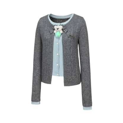 13DE MARZO Luminous Bear Layered Knit Cardigan Grey