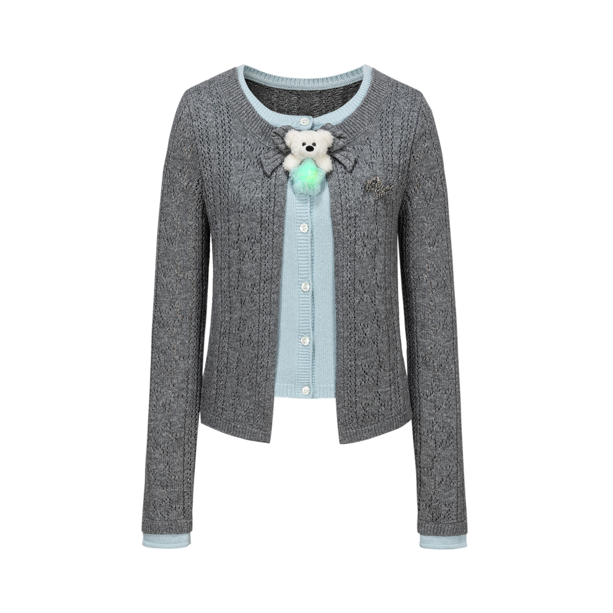 13DE MARZO Luminous Bear Layered Knit Cardigan Grey