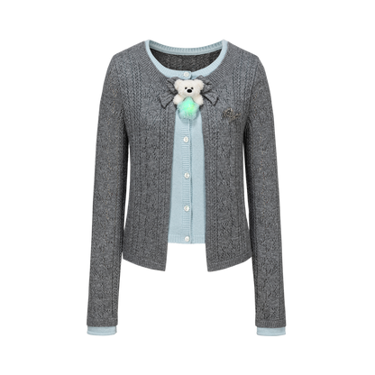 13DE MARZO Luminous Bear Layered Knit Cardigan Grey