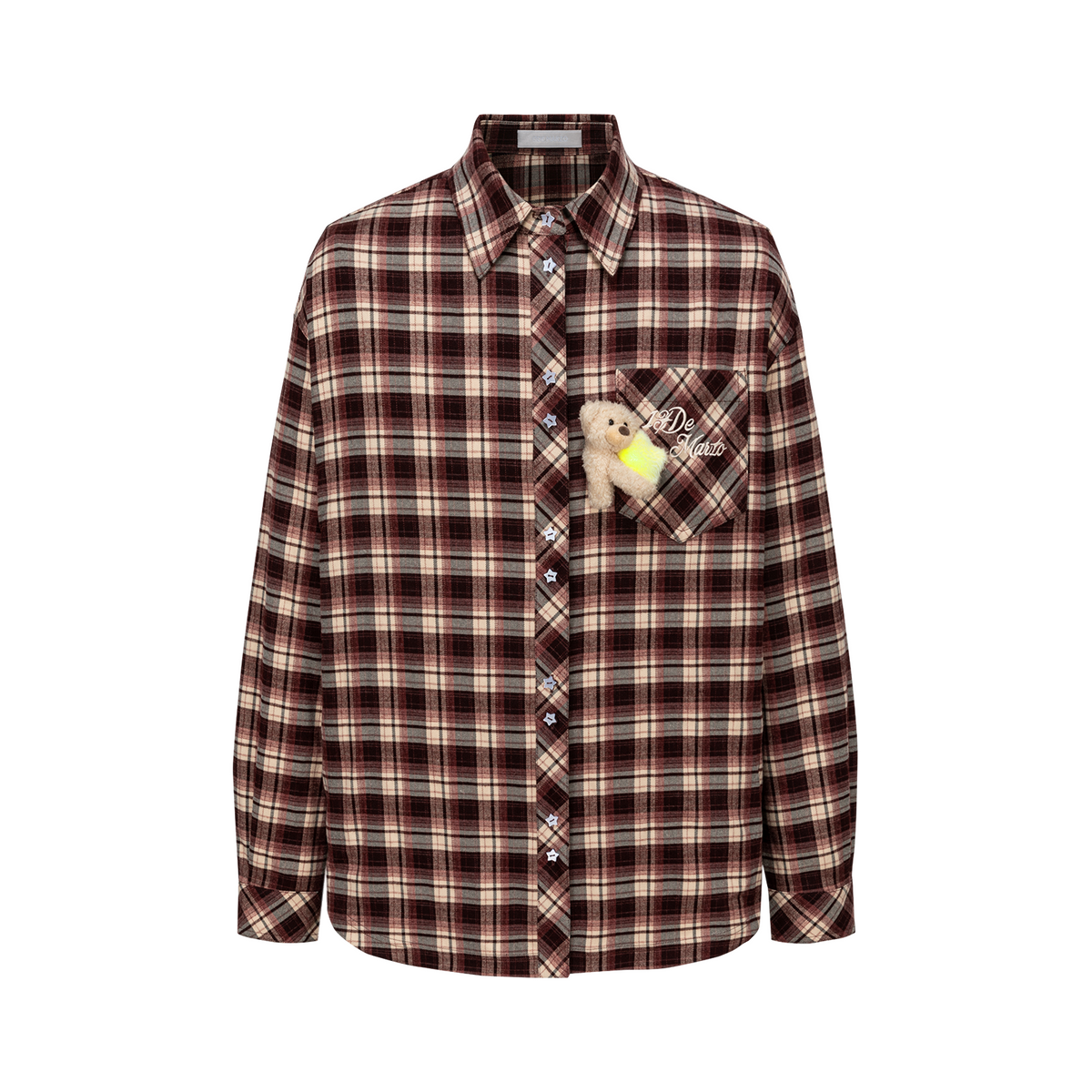 13DE MARZO Luminous Bear Long Sleeve Plaid Shirt Red