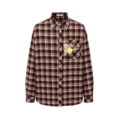 13DE MARZO Luminous Bear Long Sleeve Plaid Shirt Red