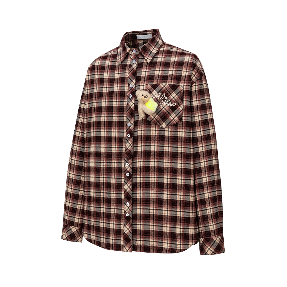 13DE MARZO Luminous Bear Long Sleeve Plaid Shirt Red